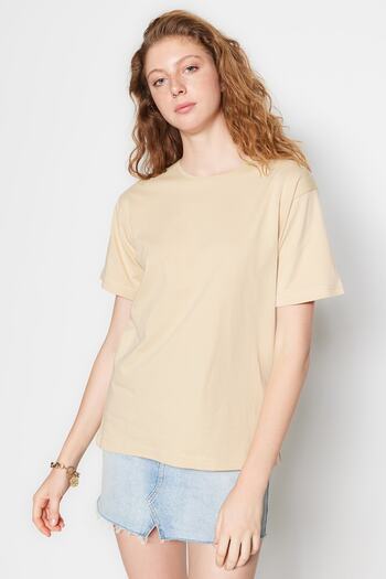 Trendyol Collection Μπλουζάκι μπεζ Crew Neck 100% Cotton Oversize - TWOSS20TS0134
