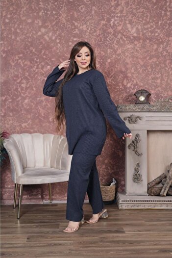LOVİNS Set de mamă cu mâneci lungi de iarnă de culoare bleumarin Set de pijamale de mărime mare Set de două