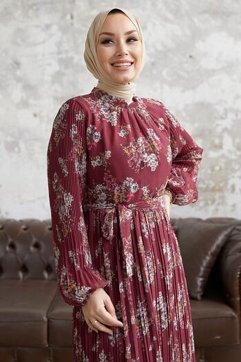 InStyle Larina Floral Pleated Chiffon Dress - Claret Red
