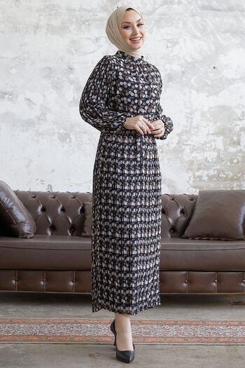 InStyle Miori Polka Dot Pleated Chiffon Dress - Black