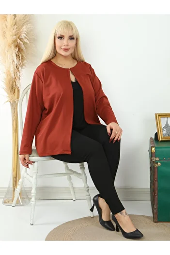 LİKRA Women's Plus Size Collar Clasp Crepe Evening Dress Cardigan