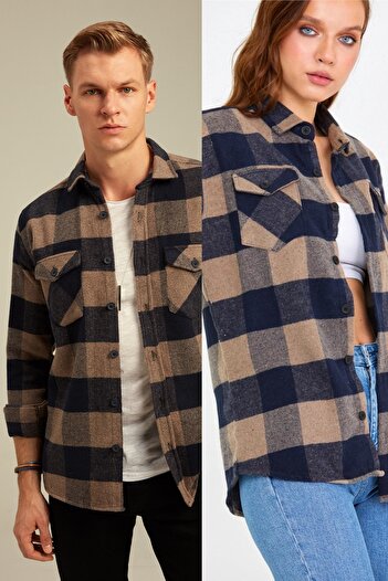 Tarz Cool Unisex Καφέ Πουκάμισο Ξυλοκόπο με διπλή τσέπη-μονό Τιμή
