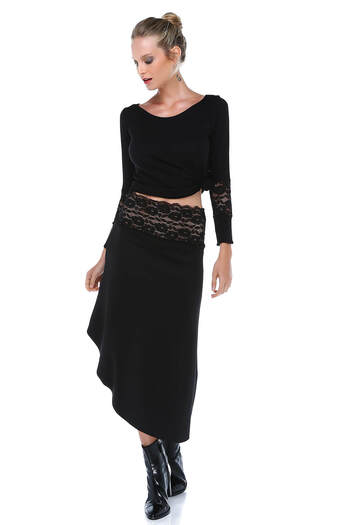 Quincey Women's Black Scuba Lycra Asymmetric Skirt with Lace Belt Ek2360
