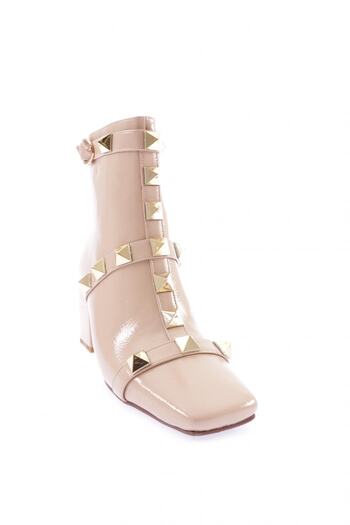 DGN Nude Patent Leather Wrinkled Trock Frame Heeled Women's Boots