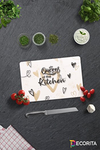 Decorita Queen of the Kitchen Glass Cutting Board - Cream, 20cm X 30cm