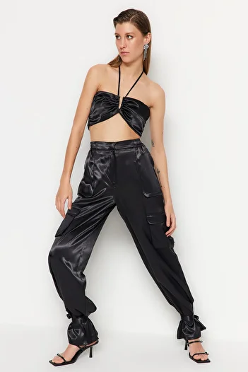 Trendyol Collection Black Jogger Woven Satin Trousers TPRSS23PL00008