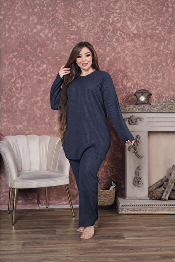LOVİNS Set de mamă cu mâneci lungi de iarnă de culoare bleumarin Set de pijamale de mărime mare Set de două