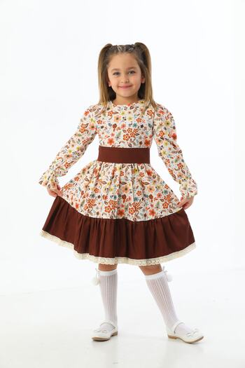 Moda Lippa Кафява рокля за момиче с флорални мотиви