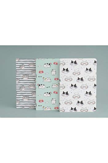 Siyer Yayınları Cat Themed Notebook Set of 3 - A5 - Striped - 13x21 Cm - 64 Pages