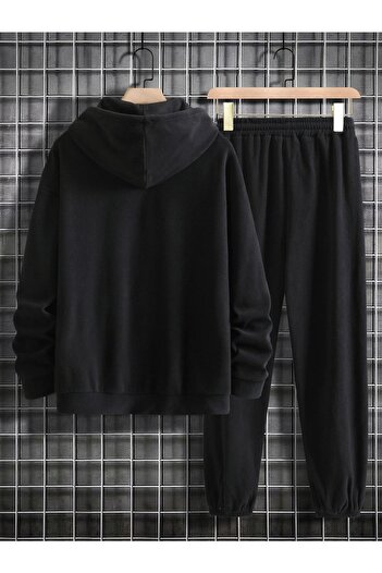MODARİCH Men's Black New York Written Bottom Top Tracksuit Set Oversize Hooded
