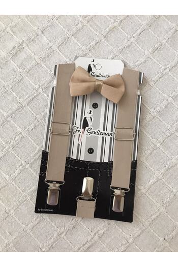 Ufak Adam 1-6 Years Old Boy Light Beige Bow Tie Suspender Set