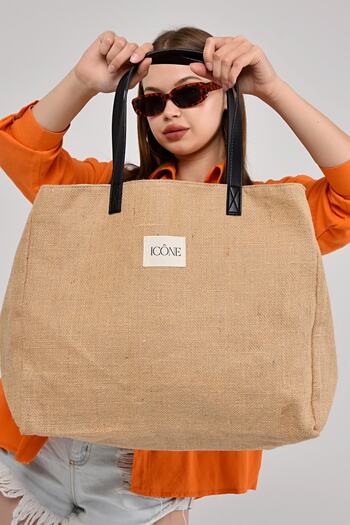 ICONE BAG Beige Women's Bag - Straw Hand and Shoulder Bag, Linen Bag, Straw Bag