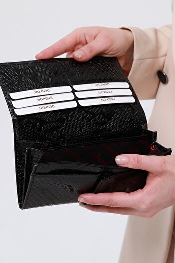 DERKON Crocodile Patterned Genuine Leather Black Women's Wallet