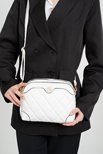 By Hakan Sn Women's Shoulder Bag 4 Compartments Adjustable Cross Strap Quilted Soft Leather Shoulder Bag White
