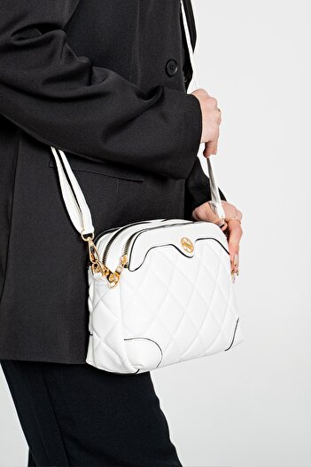 By Hakan Sn Women's Shoulder Bag 4 Compartments Adjustable Cross Strap Quilted Soft Leather Shoulder Bag White