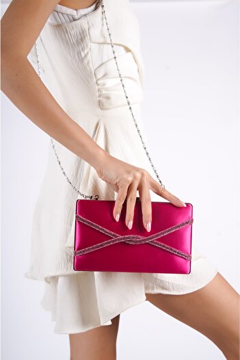 Moda Değirmeni Fuchsia Satin Women's Cross Stone Evening Dress Bag Bg1123-310-0002