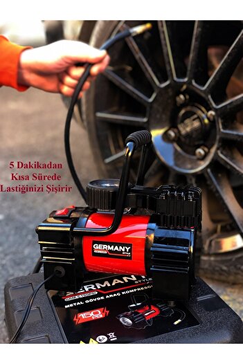 Germany Style Çantalı Mini Araç Hava Kompresörü Lastik Şişirme 150 Psi Çakmak Akü Kablosu