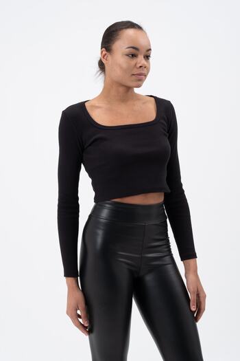 PUNKY CAT Women's Black Long Sleeve Square Neck Corded Blouse