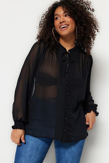 Trendyol Curve Black Woven Sleeves Elastic Chiffon Shirt TBBSS23AX00018