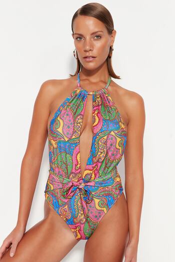 Trendyol Collection Shawl Patterned Halter Collar Tied Regular Leg Swimsuit TBESS23MA00321