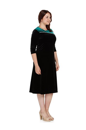 Nidya Moda Kadın Siyah Taş Şerit Kadife Abiye Elbise 4073S