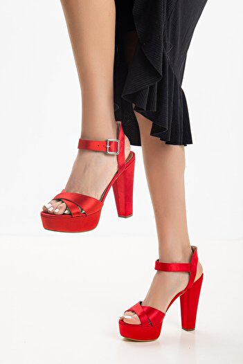 LİLLA Women's Platform High Heeled Red Satin Shoes
