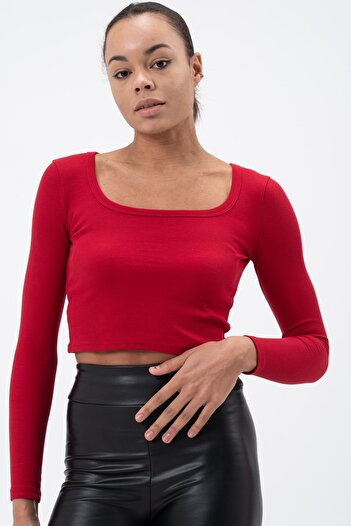 PUNKY CAT Women's Red Long Sleeve Square Neck Corded Blouse