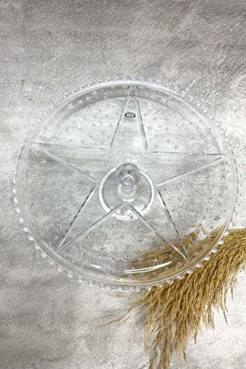 Jenisa El Yapımı Cam Yuvarlak Star Yıldız Desenli Ayaklı Kek Standı 33x12 Cm