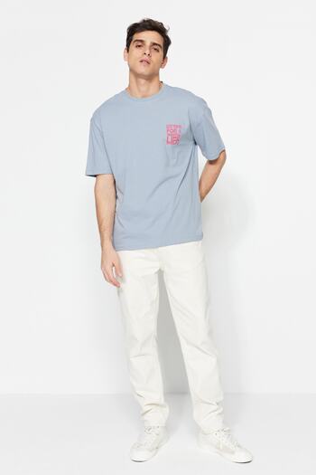 Trendyol Collection Γκρι βαμβακερό μπλουζάκι με στάμπα με λαιμόκοψη - Oversize TMNSS21TS1685