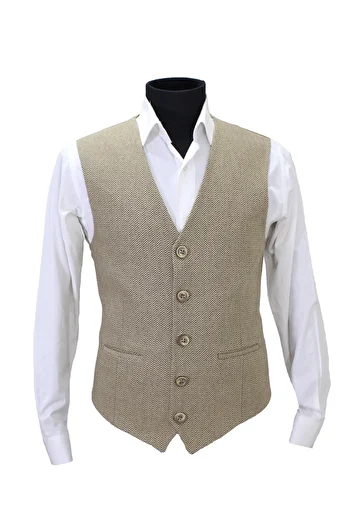 MENTOR REGALO Men's Vest V-Neck Beige Herringbone 50481