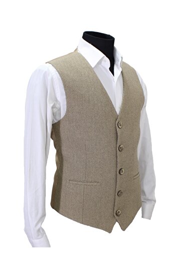 MENTOR REGALO Men's Vest V-Neck Beige Herringbone 50481