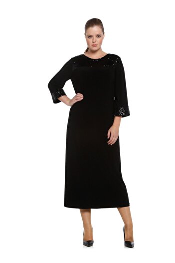 Nidya Moda Büyük Beden Siyah Roba Manşet Pullu Payet Abiye Elbise-4056s