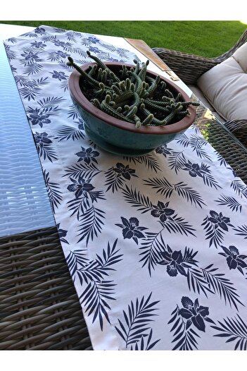 NT Handmade Navy Blue Floral White 150x48 Cm Tablecloth - Tablecloth for Kitchen Concept Picnic Camping
