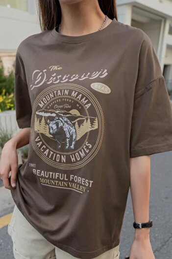 MODAGEN Women's Brown The Discover Printed Oversize T-shirt