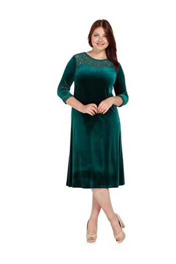Nidya Moda Kadın Yeşil Dantel Roba Kadife Abiye Elbise 4078KY