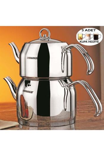 Kahramanlar Teapot Set Small Size with 3 Glass Mugs as a Gift