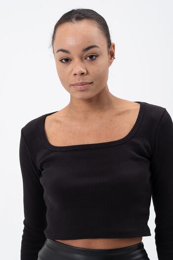 PUNKY CAT Women's Black Long Sleeve Square Neck Corded Blouse