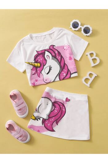 Machetta Kids Unicorn Unicorn Printed Skirt-tshirt Girl's Summer Set
