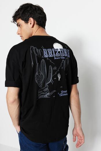 Trendyol Collection Βαμβακερό μπλουζάκι Arizona CiTy Printed Black Oversize - TMNSS23TS00164
