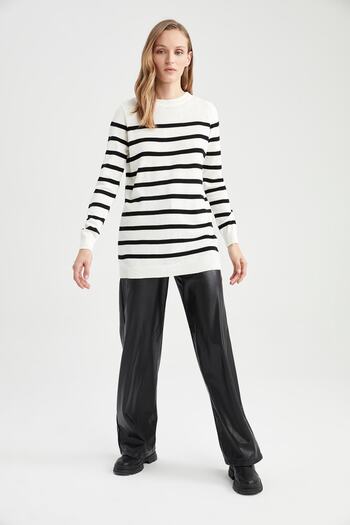 DeFacto Relax Fit Striped Crew Neck Knitwear Tunic Sweater