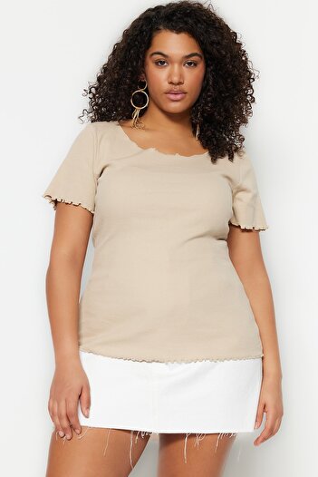 Trendyol Curve Stone Ribbed Pool Collar Knitted Plus Size Blouse Tbbss23Bf00010