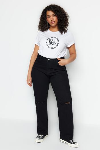 Trendyol Curve Black High Waist Destroy Detailed Bootcut Jeans TBBSS23CJ00006