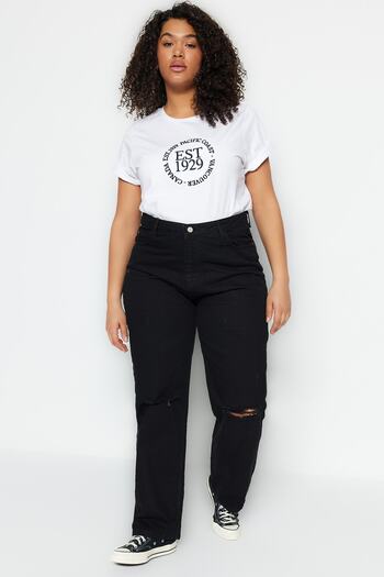 Trendyol Curve Black High Waist Destroy Detailed Bootcut Jeans TBBSS23CJ00006