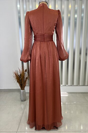Rana Zenn Copper Balloon Sleeve Chiffon Afra Evening Dress