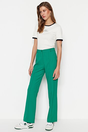 Trendyol Collection Emerald Green Straight Cut High Waist Ribbed Stitched Woven Trousers TWOSS21PL0093