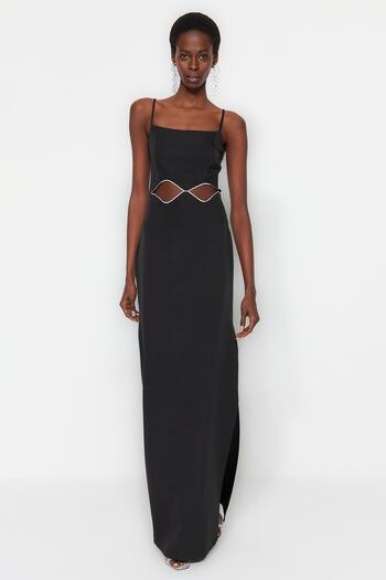 Trendyol Collection Černé tkané okno/vystřižené detailní dlouhé večerní šaty TPRSS23AE00028