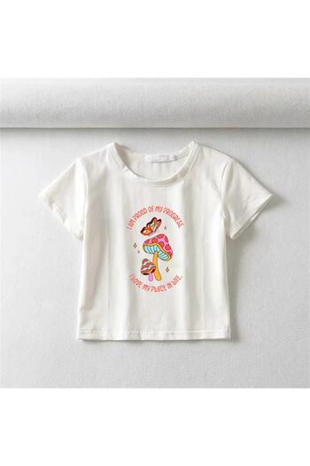 Touz White Crop - Blunt Butterfly & Mushrooms Printed