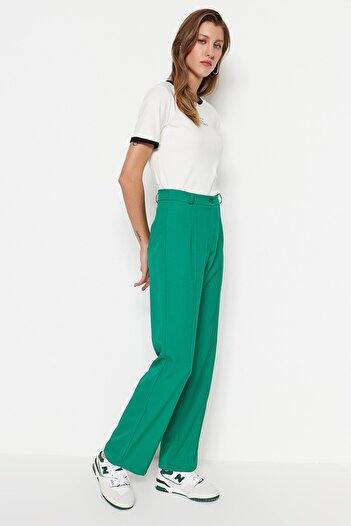 Trendyol Collection Emerald Green Straight Cut High Waist Ribbed Stitched Woven Trousers TWOSS21PL0093