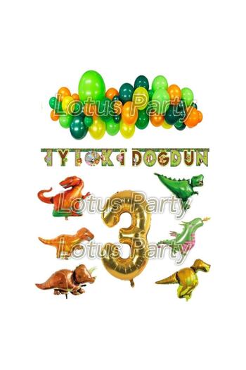 LOTUS PARTY 3 Year Old Birthday Party Set with Safari Dinosaur (Safari Banner - 6-Piece Dinosaur Foil Balloon - 1 Figure)