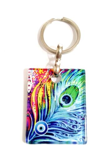 Mixperi Peacock Feather Patterned Fusion Glass Keychain in a Gift Box